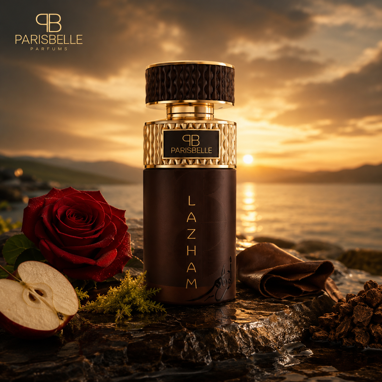 Lazham by Parisbelle - bottle at golden sunset with rose and apple