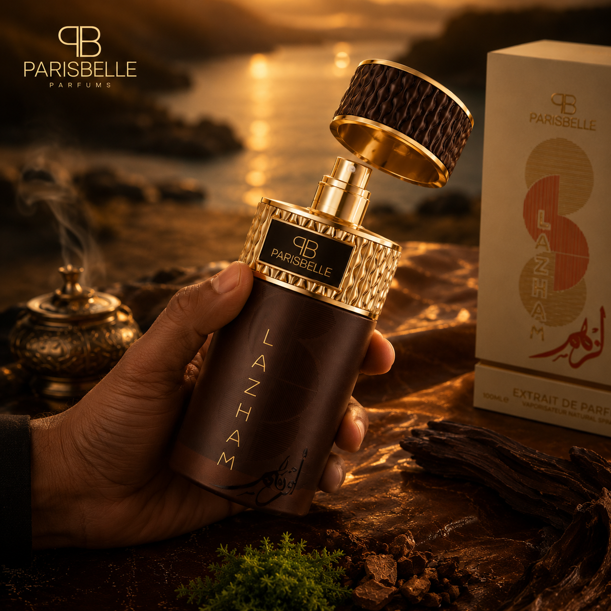 Lazham by Parisbelle - hand holding bottle at sunset