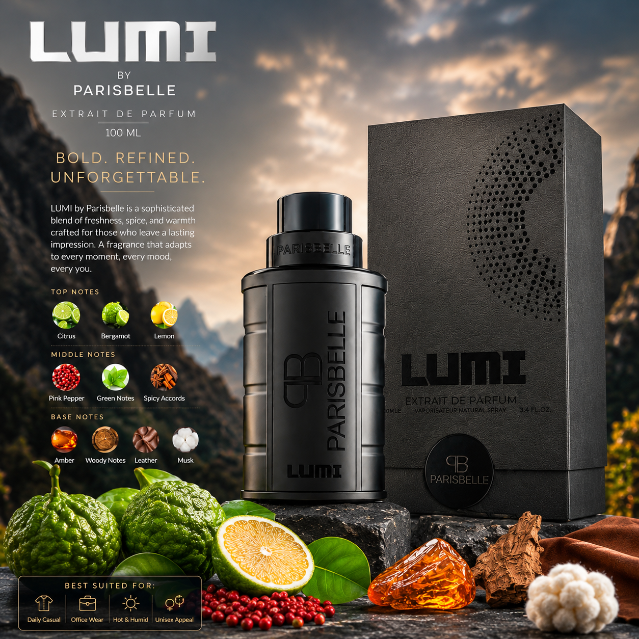 Lumi by Parisbelle - bottle with box and fragrance notes